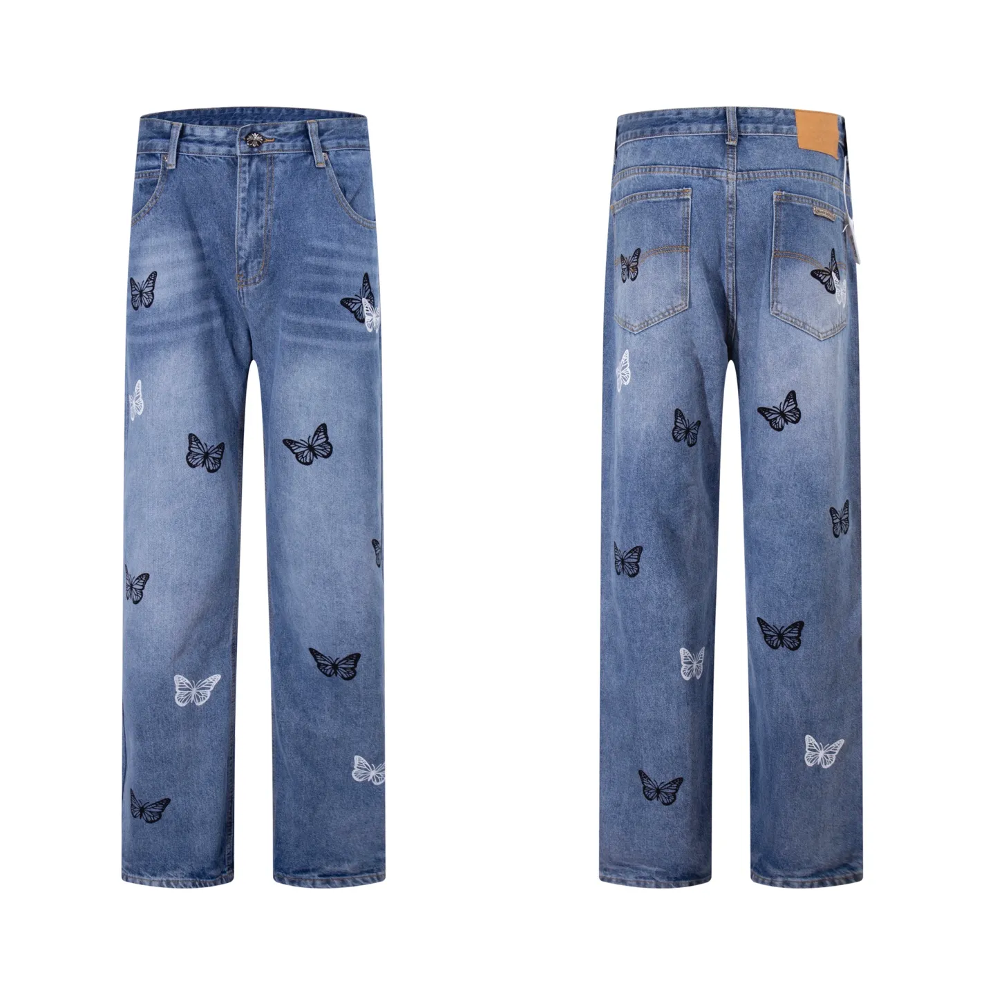 P240 Style number: H95 Croxin & 𝐂𝐡𝐫𝐨𝐦𝐞 𝐇𝐞𝐚𝐫𝐭 ss25 blue butterfly print jeans. Styles with different washed textures are very friendly to people with thin legs and thick legs. The slightly flared version perfectly modifies the leg shape. The timeless and moderate length makes it easy to match and match. It is the basis for various styles and is a must-have in your wardrobe! The fabric is stiff but also makes the upper body soft without losing texture. The washing process is even more perfect. It is a must-have item for everyone! ! ! Washed wheat, hang tag, pants label, three labels complete Color: blue Size: 28-30-32-34